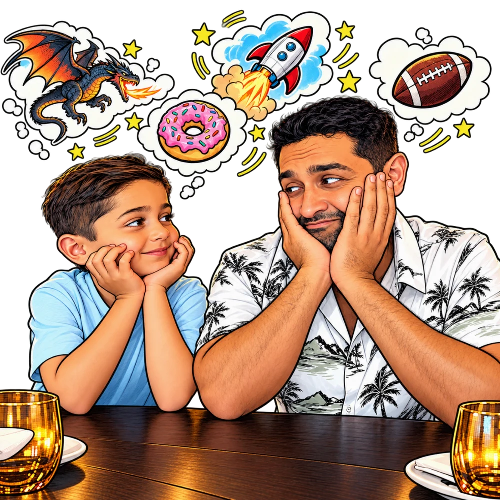 Comic cartoon of Zain and his son Shayden at a table, daydreaming about dragons, rockets, donuts and football