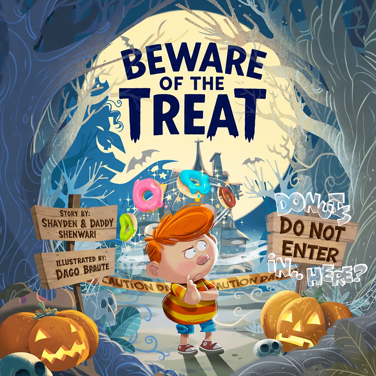 Beware of the Treat cover: Liam staring at floating donuts outside a spooky house