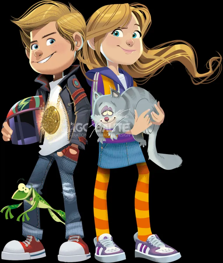 Two kids with a cat, character design by Dago