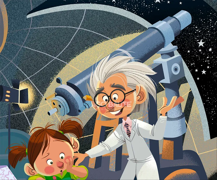 Scientist and girl at a telescope, illustration by Dago