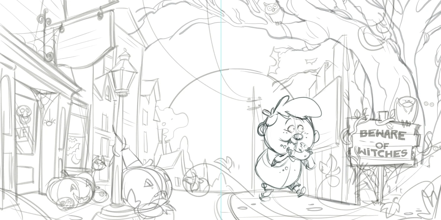 Rough pencil of the opening spread, version one