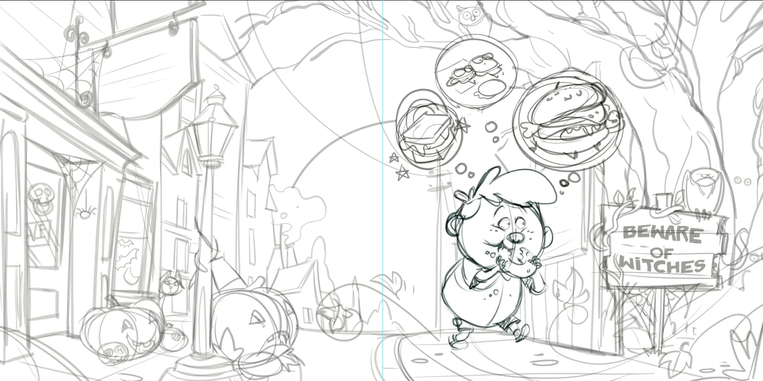 Rough pencil of the opening spread, version two, with treats floating above Liam