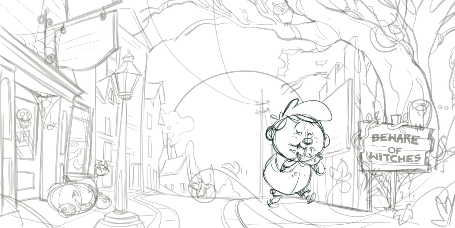 Rough pencil of the opening spread, version three