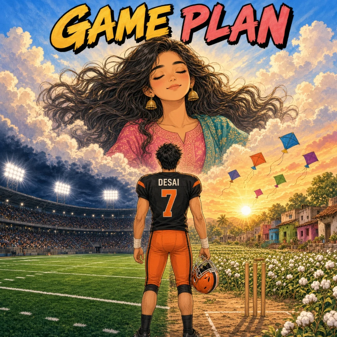 Game Plan cover: Rohan Desai stands between a football stadium and the green village of Bhadaur under Anjali's dreaming face