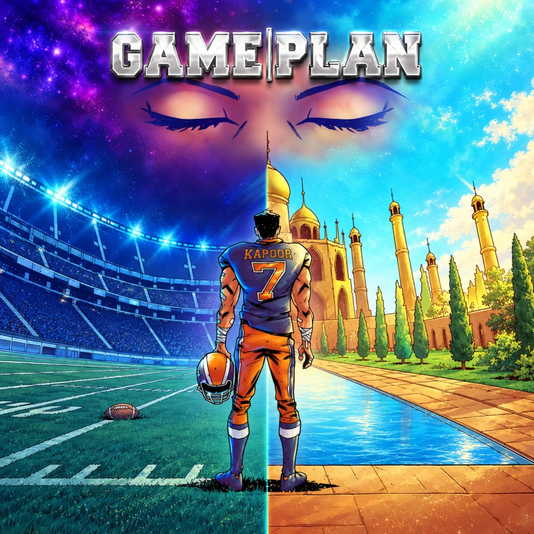 Game Plan cover: the quarterback standing between a stadium and a golden palace under Anjali's closed eyes
