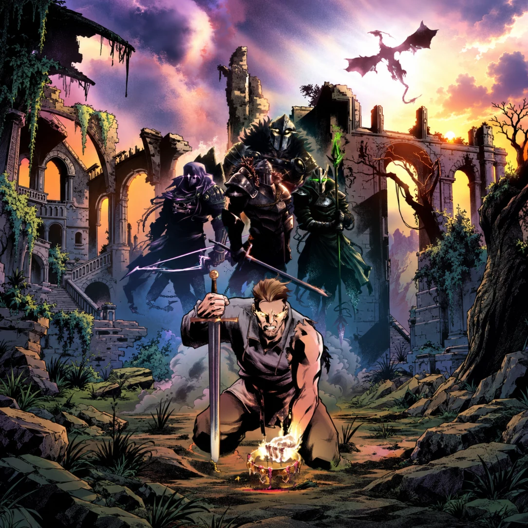 The Lost King cover: Rowan kneeling with his sword and a burning crown, his demon legion behind him