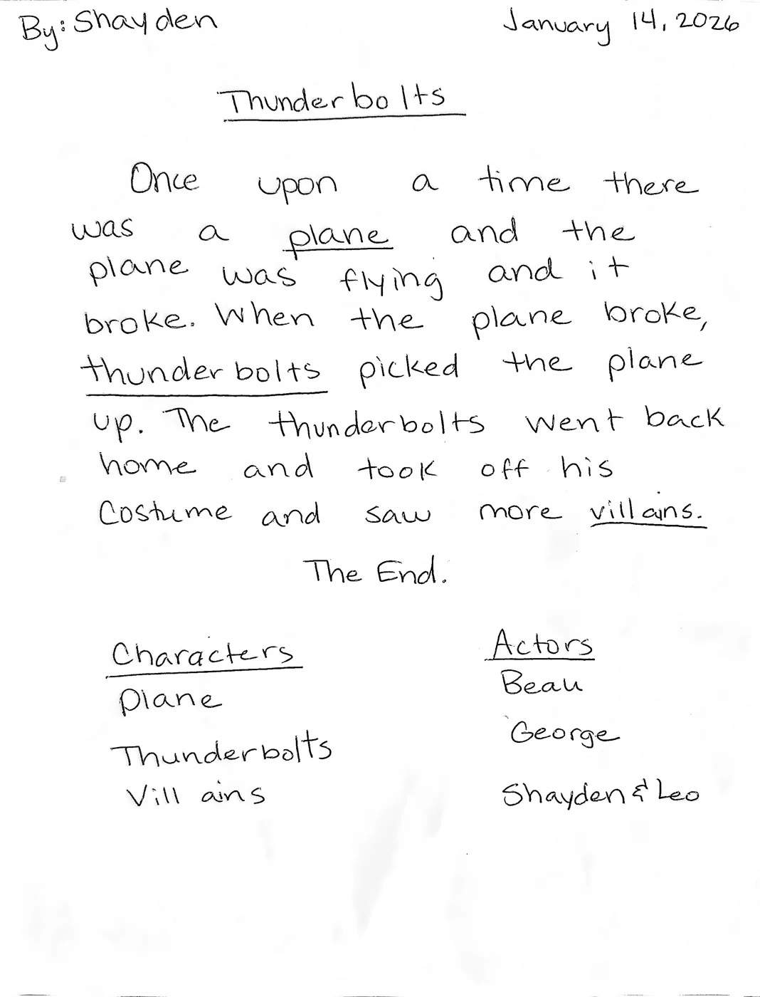 Shayden's handwritten story Thunderbolts