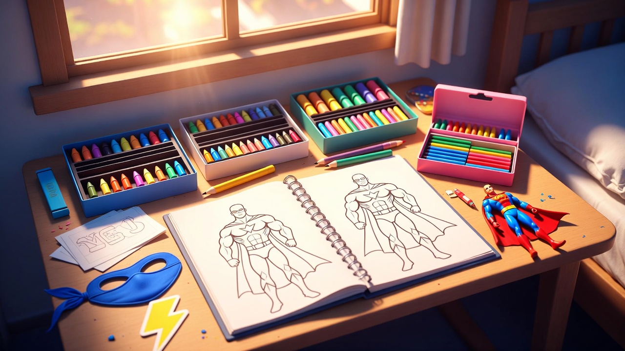 A kid's art desk with crayons, markers and superhero sketches