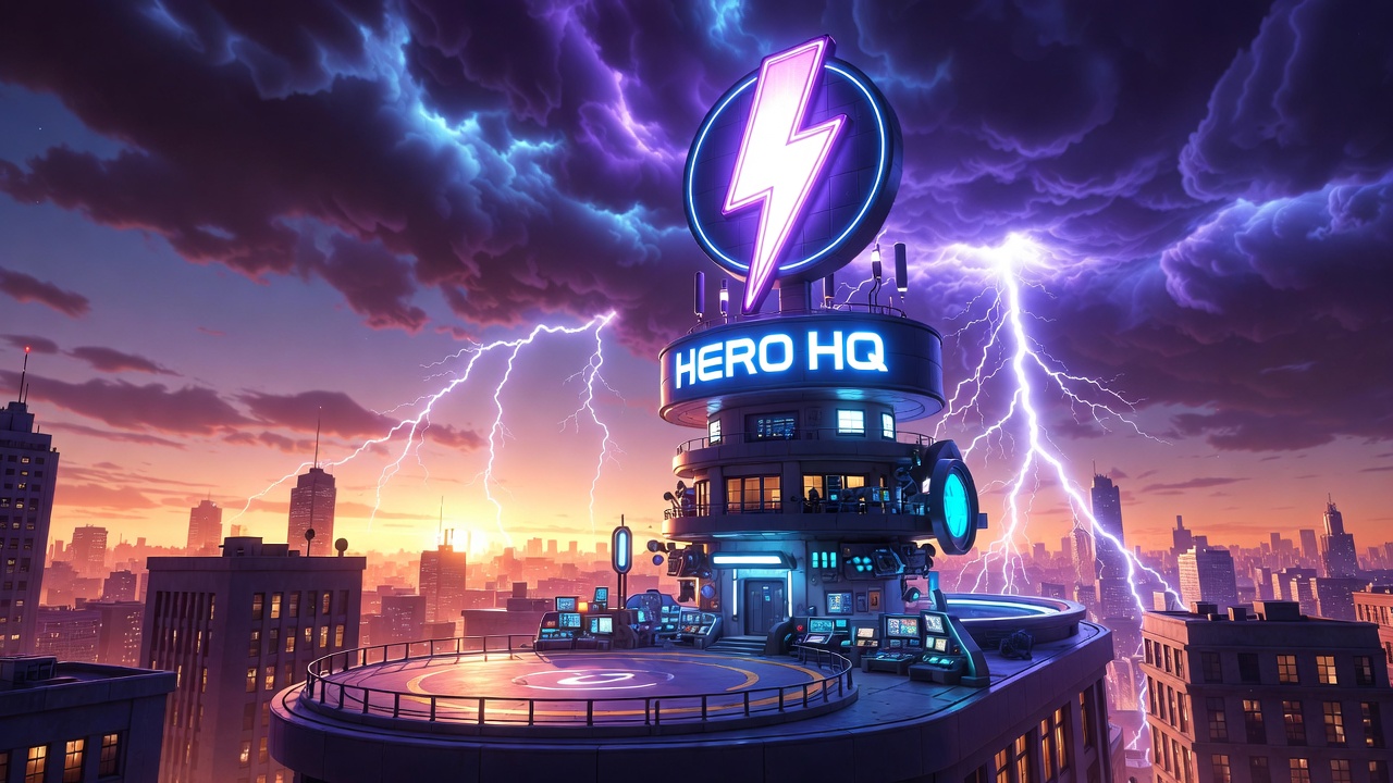 Hero HQ, a glowing tower with a lightning bolt sign on a city rooftop at sunset