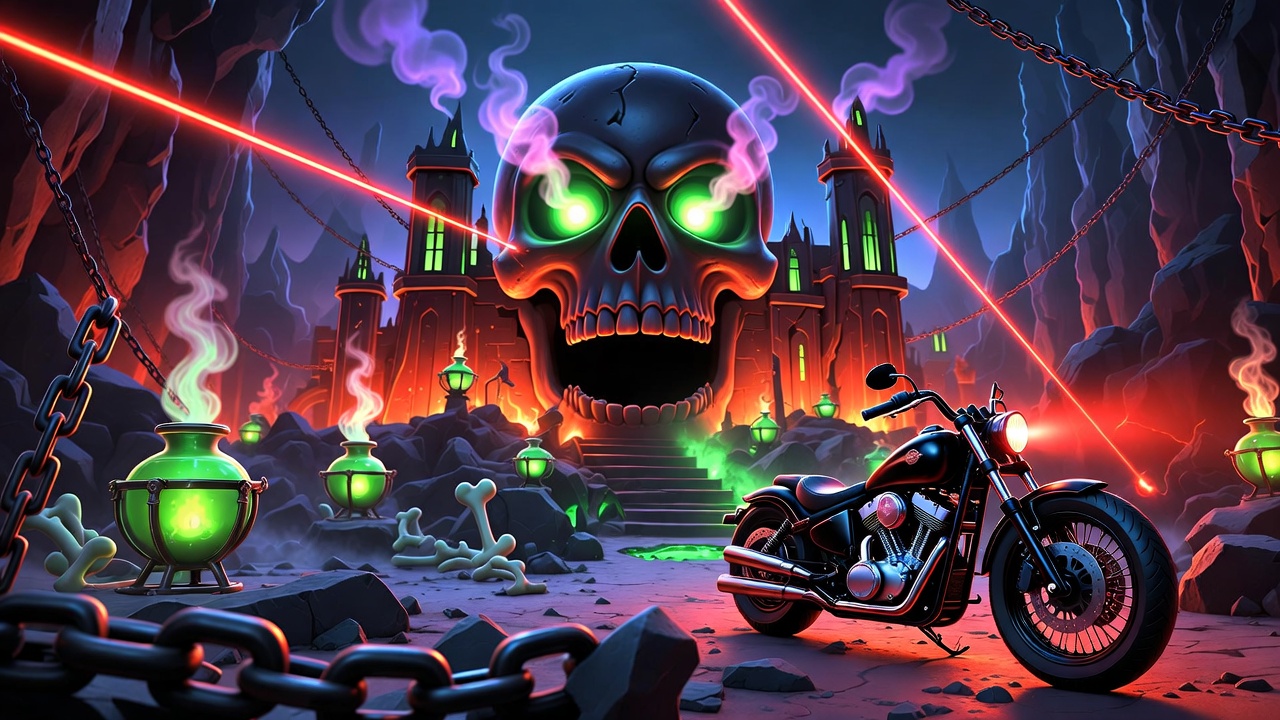 The villain lair, a skull-shaped cave fortress with green potions and red lasers