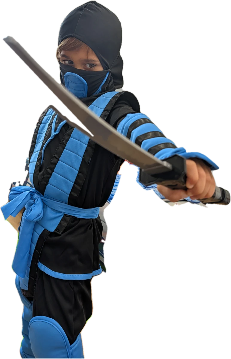 Shayden in his blue and black ninja suit leading his squad