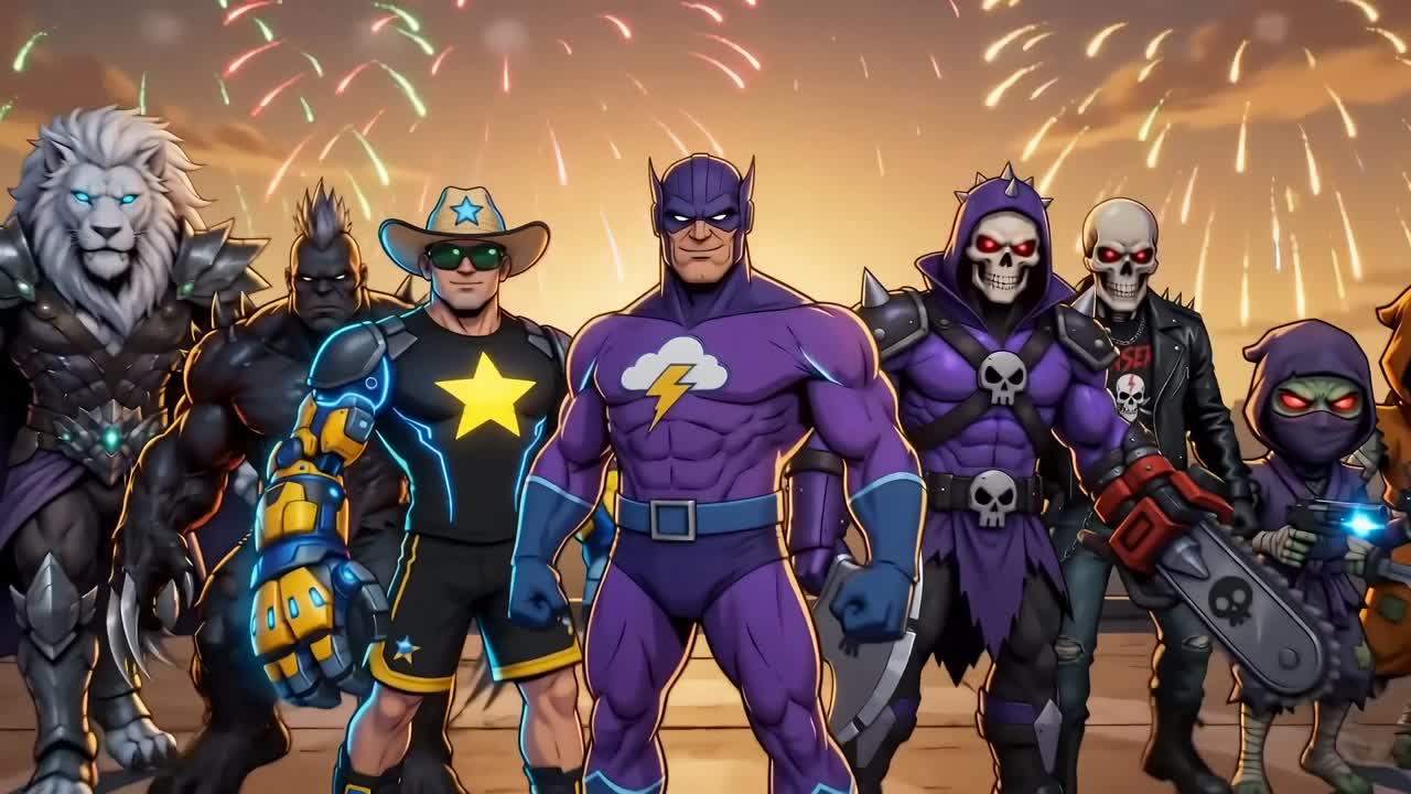 Shayden's heroes and villains lined up on a rooftop